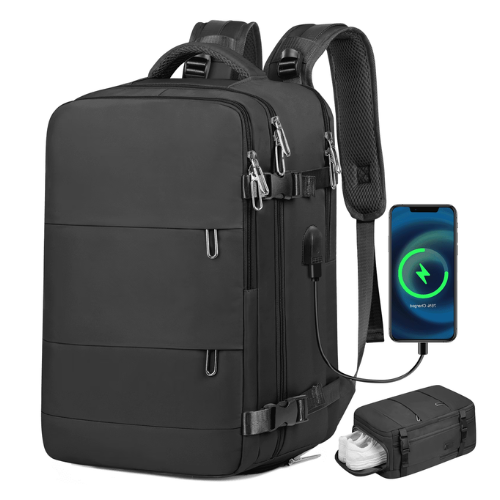 DAKOMM 17.7" Travel Backpack with USB Port & Shoe Compartment, TSA-Approved Laptop Carry On Backpack, Waterproof Large Daypack Travel Bag for Women Men Weekender Trips, Business & Hiking, Black