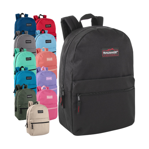 Trail Maker 24 Pack of Bulk Wholesale Basic and Classic 17 Inch Backpacks with Front Accessory Pocket and Dual Zipper Closure for Travel & Commuting in Assorted 12 Color Pack