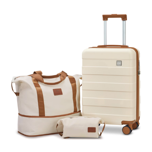 Joyway 3-Piece Luggage Set 20-Inch Carry-On Suitcase with Spinner Wheels TSA Lock Travel Duffel Bag and Toiletry Bag Hardside Lightweight Luggage Beige