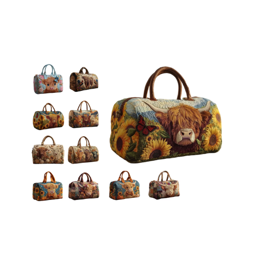 AURIGATE Highland Cow Quilted Cloth Duffle Bag, Large Capacity Vintage Farm Animal Print Handheld Weekender Bag, Overnight Carry Bag for Gym, Camping, Outdoor Travel & Daily Use