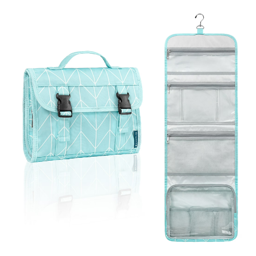 PAVILIA Travel Hanging Toiletry Bag for Women Men, Large Capacity Makeup Bag Kit, Waterproof Cosmetic Storage Organizer Case for Bathroom Shower, Teal Chevron