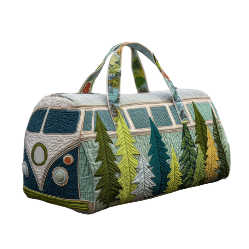 Hippie Van Quilted Duffle Bag, Boho Travel Weekender Bag with Adjustable Strap, Retro Bus Style for Everyday Travel (18*9*9inch)