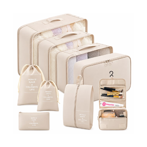 Packing Cubes - 9 PCS Travel Pouch Set, Compression Bags For Travel, Suitcase Essentials Organizer Bags Set, Beige