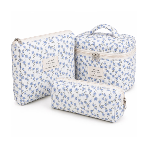 Lomyolo 3 Pcs Quilted Makeup Bag Set for Women, Cute Floral Cosmetic Bags, Large Travel Toiletry Bag, Makeup Pouch & Brush Bag Organizer - Blue Vine Floral