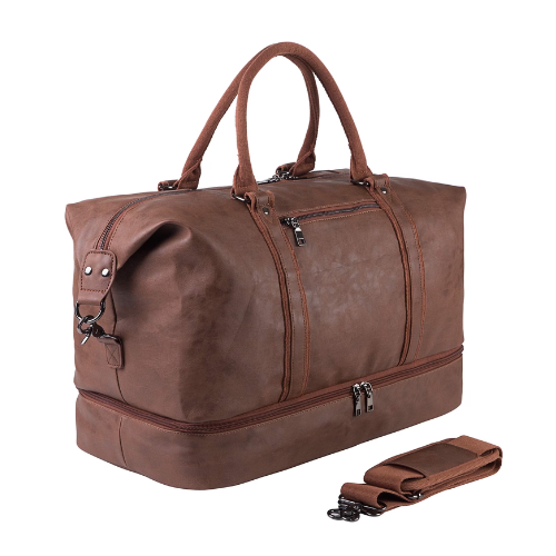 Travel Duffel Bag with Shoe Pouch Large Carry on Bag PU Leather Waterproof Weekender Overnight Bag for Men Women Brown
