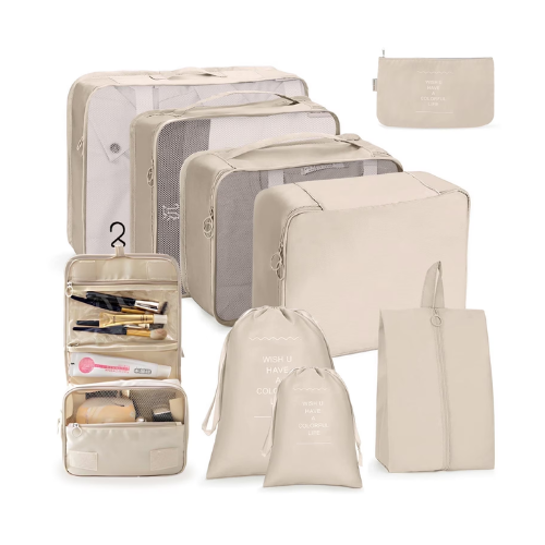 DAKOMM Packing Cubes 9 Sets, Travel Luggage Organizer Set with Hanging Toiletry Bag & Shoe Bag, Mesh Suitcase Essentials, Vacation Storage for Men Women, Beige