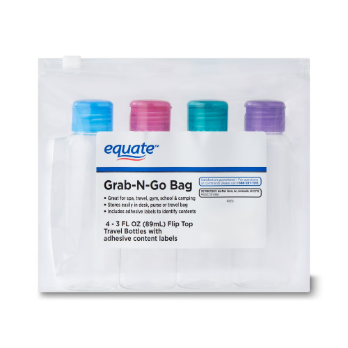 Equate Grab-N-Go Refillable Travel Bottles for Toiletries, Color May Vary, 3 fl oz, 4 Count