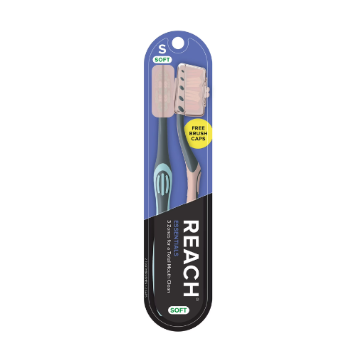 Reach Essentials Manual Toothbrush with Cap, Soft, 2 Count