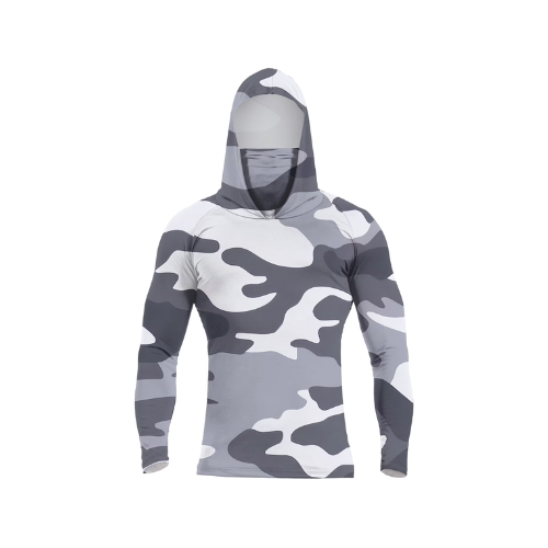 Men's Camo Print Hooded Long Sleeve Sun Shirt with Integrated Face Cover UPF 50+ Quick Dry for Hunting Fishing Hiking Outdoor Tactical Sun Shirts,Gray,L