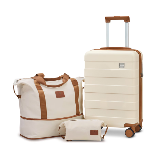 Joyway 3-Piece Luggage Set 20-Inch Carry-On Suitcase with Spinner Wheels TSA Lock Travel Duffel Bag and Toiletry Bag Hardside Lightweight Luggage Beige
