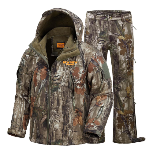 NEW VIEW Camouflage Hunting Clothes for Men, Silent Warm Hooded Jacket and Pants with Fleece Lined, Water-Resistant, Windproof Suits for Cold Weather (Leaf Camo L)
