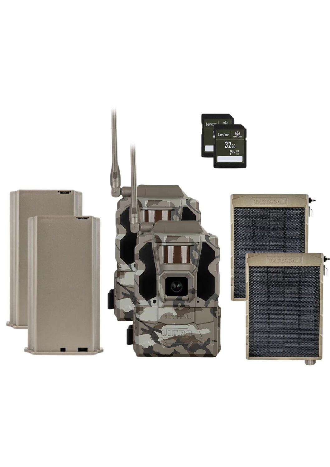 TACTACAM Reveal Ultra Cellular Trail Camera 4K Photo, 1080P Video, Live Streaming, GPS, Low-Glow/No-Glow Flash, LTE Includes Solar Panel, Lipo Lithium Battery Pack, & 32GB SD Card 2PK