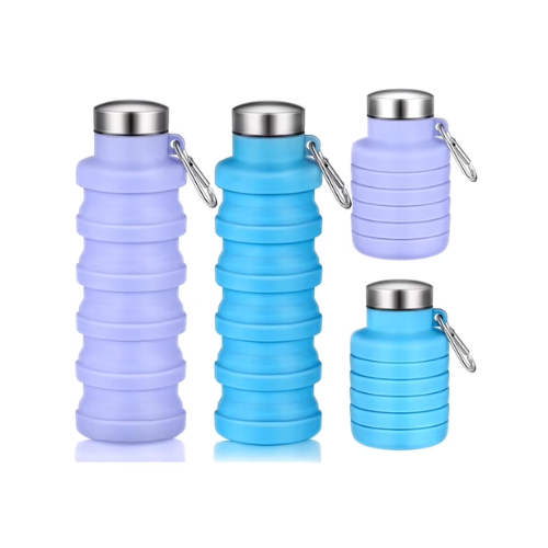 2 Pcs Collapsible Water Bottles 16.67oz Silicone Travel Foldable Portable Water Bottle with Buckle Silicone Lightweight Reusable Leakproof for Camping Hiking Cycling Sport (blue purple)