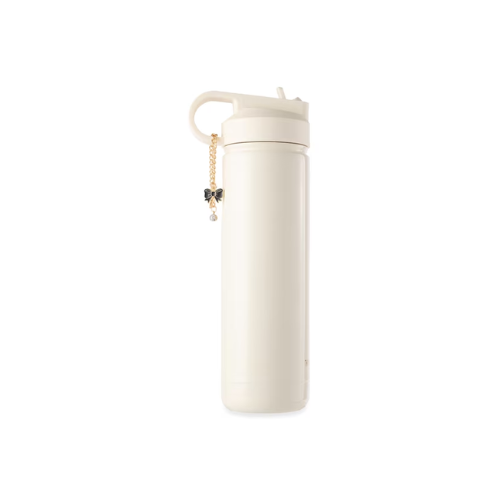Thyme & Table 26 fl oz Water Bottle with Straw Lid, Cream with Bow Gold Charm