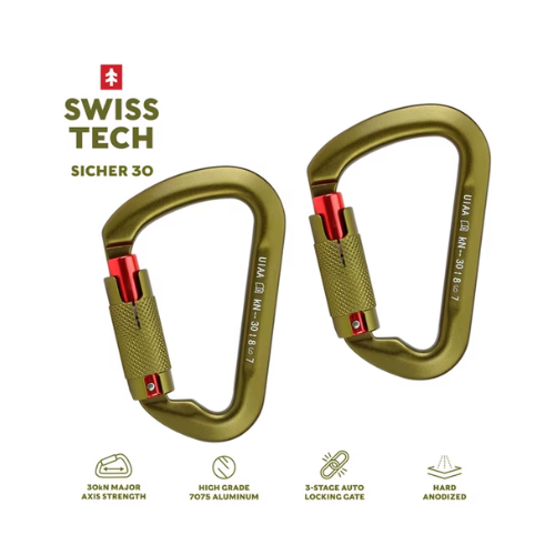 Swiss Tech 30KN Climbing Carabiners, 2 pack, Auto Locking, Lightweight, 7075 Aluminum